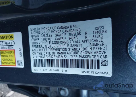 2024 Honda Civic Sport from USA, damaged, VIN 2HGFE2F52RH532452